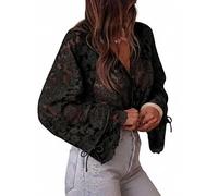 Women's Mesh Sheer Blouse Floral Bell Sleeves Button Up (Black,Grand)
