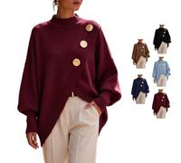 Women's Mock Neck Asymmetrical Knit Sweater with Gold Decor Buttons | Loose Fit Mock Neck Knit Sweater, Lantern Long Sleeve Asymmetrical Hem Gold Button Decor Jumper, Fall Winter Casual Tops