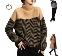 Women's Mock Neck Color Block Herringbone Knit Loose Fall Winter Pullover | Women's Mock Neck Color Block Herringbone Loose Fall Winter Pullover,Long Sleeve Thick Knit Sweater,Soft Plush Casual Tops