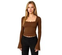 Women's Navy Blue Square Neck Long Sleeve Top with Lace Trim Slim Fit Casual Basic Tee Shirt Soft Crop Blouse for Daily Layering and Party