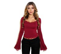 Women's Navy Blue Square Neck Long Sleeve Top with Lace Trim Slim Fit Casual Basic Tee Shirt Soft Crop Blouse for Daily Layering and Party