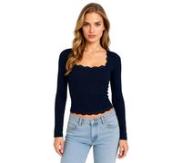 Women's Navy Blue Square Neck Long Sleeve Top with Lace Trim Slim Fit Casual Basic Tee Shirt Soft Crop Blouse for Daily Layering and Party