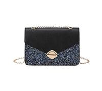 Women's New Pattern Sequin Fashion Color Matching Small Square Dinner Messenger Bag With Chain Shoulder(Black)