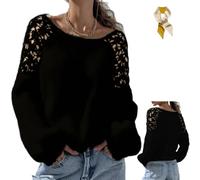 Women's Off-Shoulder Open-Knit Lace Sweater,Crew Neck Plush Long Sleeve Top