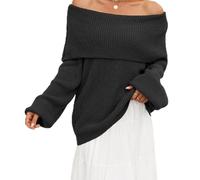 Women's off shoulder sweater, long sleeved knitted top, casual loose oversized pullover(Black,S)