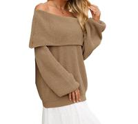 Women's off shoulder sweater, long sleeved knitted top, casual loose oversized pullover(Khaki,L)