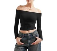 Women's Off Shoulder Top T-Shirt Long Sleeve Solid Knit Skinny Lightweight Tee Top, Slim Fit, Tight Tops, Y2K Crop Top (FR/ES, Numérique, 34, Taille Normale, Taille Normale, Black-S)
