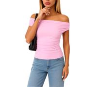 Women's Off Shoulder Tops Short Sleeve Slim Fit T Shirt Ladies Ruched Bodycon One Shoulder Blouse Summer Casual Basic Tee