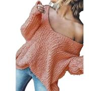 Women's Off-The-Shoulder Sweater Loose Lightweight Pullover Top, 2025 New V-Neck Hollow Knitted Long-Sleeved Solid Color (Pink,TG)