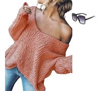 Women's Off-The-Shoulder Sweater Loose Lightweight Pullover Top,V-Neck Hollow Knitted Solid Color Long-Sleeved Autumn (Pink,M)