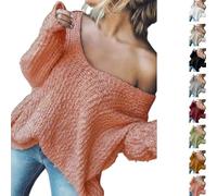 Women's Off-The-Shoulder Sweater Loose Lightweight Pullover Top, V-Neck Knitted Long Sleeve, Solid Color Fall Sweater(Pink,XL)