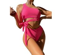 Women's One Shoulder Cut Out Swimsuits Knot High Waisted Textured Bikini 2 Piece Bathing Suit Hot Pink X-Large(S)
