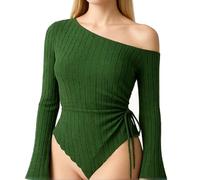 Women's One Shoulder Ribbed Knit Top Long Flare Bell Sleeve Asymmetrical Hem Side Tie Crop Blouse Spring Summer Casual Party Clubwear Red Style