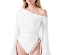 Women's One Shoulder Ribbed Knit Top Long Flare Bell Sleeve Asymmetrical Hem Side Tie Crop Blouse Spring Summer Casual Party Clubwear Red Style