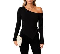 Women's One Shoulder Ribbed Knit Top Long Flare Bell Sleeve Asymmetrical Hem Side Tie Crop Blouse Spring Summer Casual Party Clubwear Red Style
