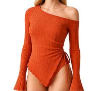 Women's One Shoulder Ribbed Knit Top Long Flare Bell Sleeve Asymmetrical Hem Side Tie Crop Blouse Spring Summer Casual Party Clubwear Red Style
