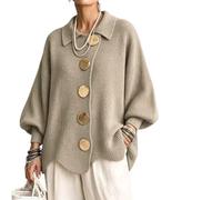 Women's Oversized Collared Knit Sweater with Large Metal Buttons | Women Loose Fit Knit Cardigan, Lantern Long Sleeve Wavy Hem Loose, Lapel Collar, for Casual Daily Outfit Fall Travel