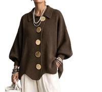 Women's Oversized Collared Knit Sweater with Large Metal Buttons | Women Loose Fit Knit Cardigan, Lantern Long Sleeve Wavy Hem Loose, Lapel Collar, for Casual Daily Outfit Fall Travel