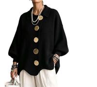 Women's Oversized Collared Knit Sweater with Large Metal Buttons | Women Loose Fit Knit Cardigan, Lantern Long Sleeve Wavy Hem Loose, Lapel Collar, for Casual Daily Outfit Fall Travel