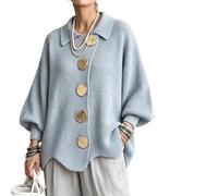 Women's Oversized Collared Knit Sweater with Large Metal Buttons | Women Loose Fit Knit Cardigan, Lantern Long Sleeve Wavy Hem Loose, Lapel Collar, for Casual Daily Outfit Fall Travel