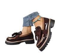 Women's Patent Bowknot Thick Sole Loafers - Platform Round Toe Slip-on Shoes, Chunky Heel Non-Slip Loafers for Women for Office Business Work Everyday Wear (Coffee,40)