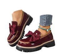 Women's Patent Bowknot Thick Sole Loafers - Platform Round Toe Slip-on Shoes, Chunky Heel Non-Slip Loafers for Women for Office Business Work Everyday Wear (Red,38)