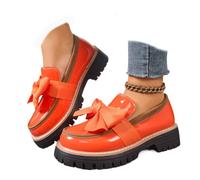 Women's Patent Bowknot Thick Sole Loafers - Platform Round Toe Slip-on Shoes, Chunky Heel Non-Slip Loafers for Women for Office Business Work Everyday Wear (Orange,39)