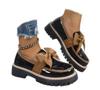 Women's Patent Bowknot Thick Sole Loafers - Platform Round Toe Slip-on Shoes, Chunky Heel Non-Slip Loafers for Women for Office Business Work Everyday Wear (Khaki,40)