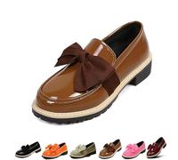 Women's Patent Leather Bow Chunky Heel Loafers,Round Toe Platform Slip on Shoes with Anti-Slip Sole,Comfortable Low Block Heel Flats for Everyday Business Office Work (Brown,41)