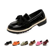 Women's Patent Leather Bow Chunky Heel Loafers,Round Toe Platform Slip on Shoes with Anti-Slip Sole,Comfortable Low Block Heel Flats for Everyday Business Office Work (Black,38)