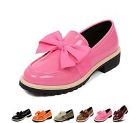 Women's Patent Leather Bow Chunky Heel Loafers,Round Toe Platform Slip on Shoes with Anti-Slip Sole,Comfortable Low Block Heel Flats for Everyday Business Office Work (Pink,40)