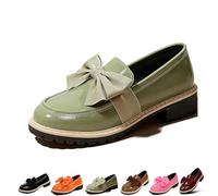 Women's Patent Leather Bow Chunky Heel Loafers,Round Toe Platform Slip on Shoes with Anti-Slip Sole,Comfortable Low Block Heel Flats for Everyday Business Office Work (Green,42)
