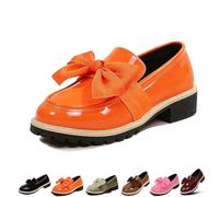 Women's Patent Leather Bow Chunky Heel Loafers,Round Toe Platform Slip on Shoes with Anti-Slip Sole,Comfortable Low Block Heel Flats for Everyday Business Office Work (Orange,37)