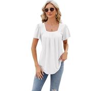 Women's Pink Square Neck Eyelet Top Short Puff Sleeve Pleated Tunic Blouse Casual Summer Vacation Tee Shirt with High Low Hem for Daily Wear