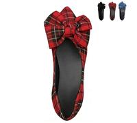 Women's Plaid Bow Ballet Flat Shoes - Non-Slip Rubber Sole Slip-on Loafers, Cute & Comfortable Casual Flats for Everyday Wear (Red,43)