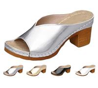 Women's Platform Chunky Heels Low Block Heeled Sandals Classic Casual Slip on Dressy Shoes Summer Non-Slip Open Toe Shoe Fashion Slip-On Shoe (Silver,42)