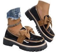 Women's Platform Loafers Patent Leather Bowknot Detail Non-Slip Lug Sole Round Toe Office Work Business Casual Dress Shoes Comfort Everyday Wear (Khaki,41)