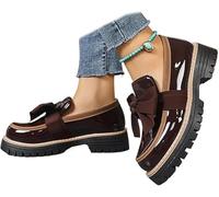 Women's Platform Loafers Patent Leather Bowknot Detail Non-Slip Lug Sole Round Toe Office Work Business Casual Dress Shoes Comfort Everyday Wear (Brown,39)