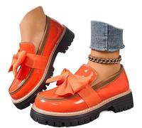 Women's Platform Loafers Patent Leather Bowknot Detail Non-Slip Lug Sole Round Toe Office Work Business Casual Dress Shoes Comfort Everyday Wear (Orange-Red,37)
