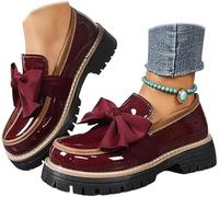 Women's Platform Loafers Patent Leather Bowknot Detail Non-Slip Lug Sole Round Toe Office Work Business Casual Dress Shoes Comfort Everyday Wear (Burgundy,43)