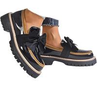 Women's Platform Loafers Patent Leather Bowknot Detail Non-Slip Lug Sole Round Toe Office Work Business Casual Dress Shoes Comfort Everyday Wear (Black,38)