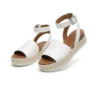 Women's Platform Open Toe Buckle Ankle Strap Sandals Casual Faux Leather Dressy Elegant Flats Comfortable Summer Shoes Women Fashion Strappy Sandals (White,38)