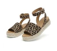 Women's Platform Open Toe Buckle Ankle Strap Sandals Casual Faux Leather Dressy Elegant Flats Comfortable Summer Shoes Women Fashion Strappy Sandals (Leopard Print,43)
