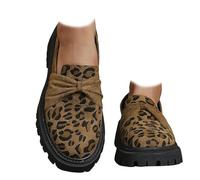 Women's Platform Suede Loafers with Leopard Print Bow - Chunky Heel Slip-on Shoes, Wide Width Comfort Casual Flats for Women Comfortable Non-Slip Business Casual Work Dress Shoes (Brown,39)