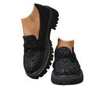 Women's Platform Suede Loafers with Leopard Print Bow - Chunky Heel Slip-on Shoes, Wide Width Comfort Casual Flats for Women Comfortable Non-Slip Business Casual Work Dress Shoes (Black,41)