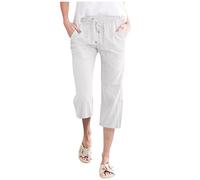 Womens Plus Size Capri Trousers High Waisted Drawstring Wide Leg Pants Elastic Waist Pocket Loose Fit Solid Colour Casual Holiday Everyday Wear, 04-White, S
