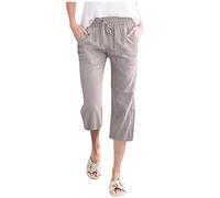 Womens Plus Size Capri Trousers High Waisted Drawstring Wide Leg Pants Elastic Waist Pocket Loose Fit Solid Colour Casual Holiday Everyday Wear, 05-Grey, M