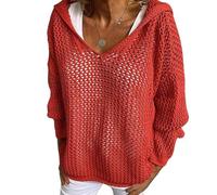 Women's Plus Size Crochet Lightweight Hollow Out Hooded Sweaters (Red,TTG)