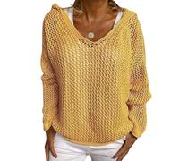 Women's Plus Size Crochet Lightweight Hollow Out Hooded Sweaters (Yellow,S)
