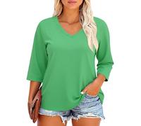 Women's Plus Size V Neck 3/4 Sleeve Tunic Tops Casual Loose Fit Solid Color Blouses with Pockets Summer Fall Fashion Shirts for Ladies